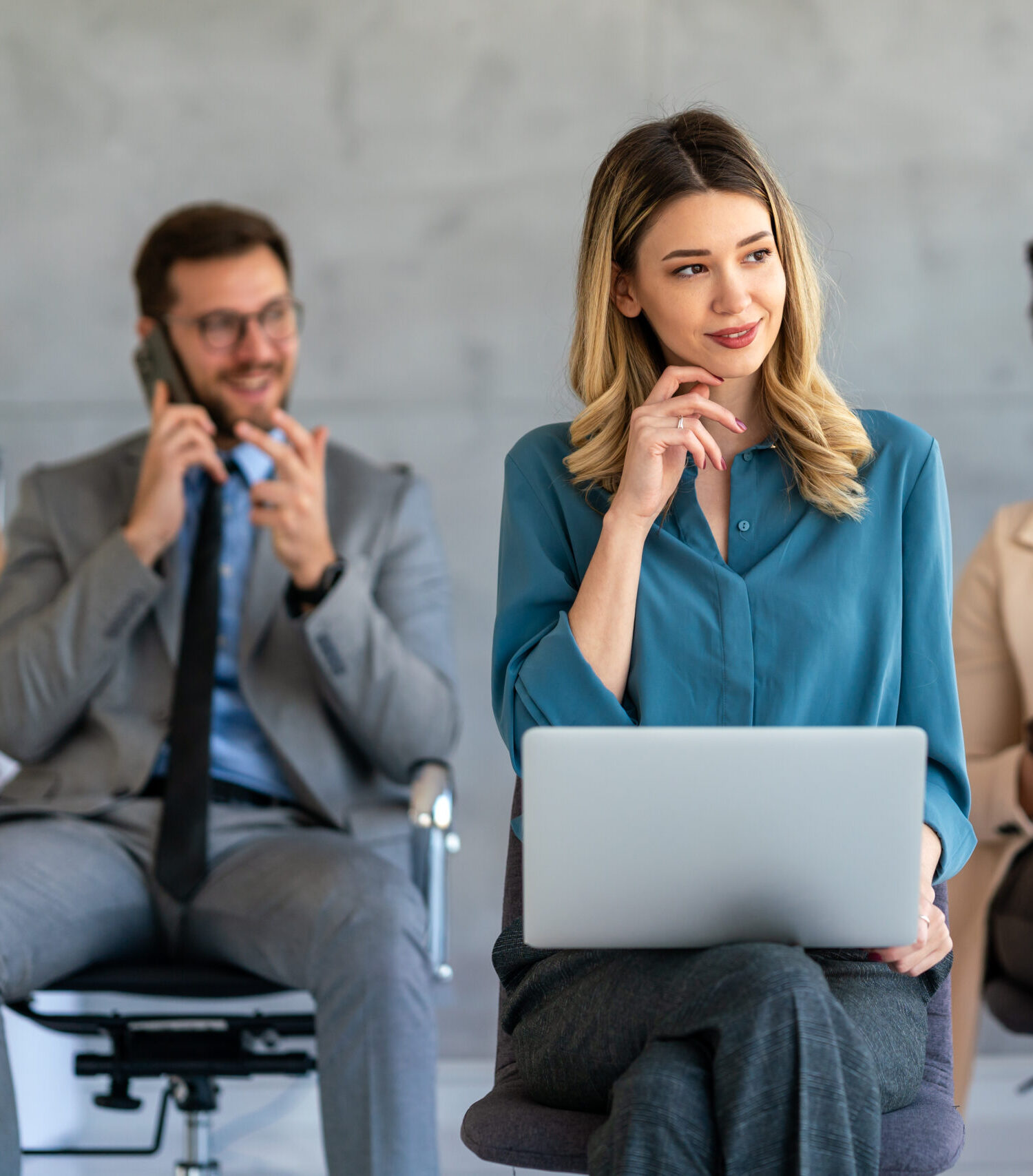Thoughtful businesspeople working together at office workplace. Concept of team work, business education, internet surfing, brainstorm, project information technology