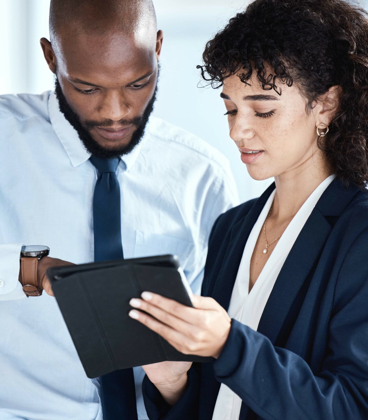 Office tablet, African teamwork and business people review finance portfolio feedback, stock market.