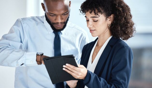 Office tablet, African teamwork and business people review finance portfolio feedback, stock market.
