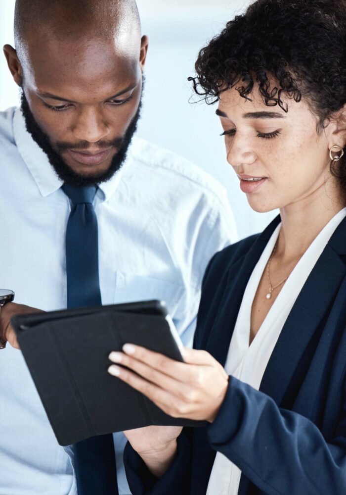 Office tablet, African teamwork and business people review finance portfolio feedback, stock market.