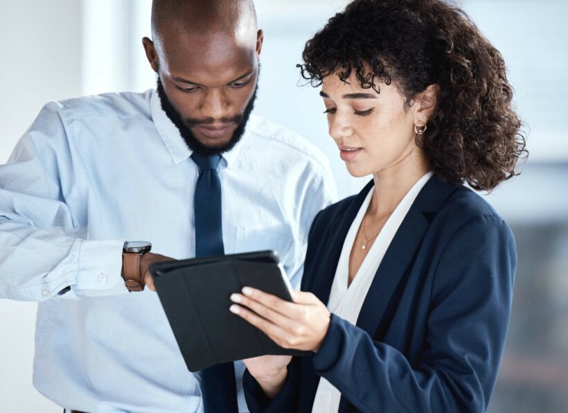 Office tablet, African teamwork and business people review finance portfolio feedback, stock market.