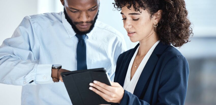 Office tablet, African teamwork and business people review finance portfolio feedback, stock market.